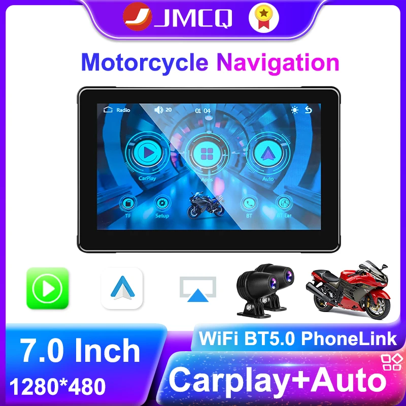 JMCQ 7-Zoll-Motorrad-Navigation, kabellos, CarPlay, Apple GPS, Navi, Android, Auto, vorne und hinten, Dual-Bluetooth-Kamera-Recorder-Monitor