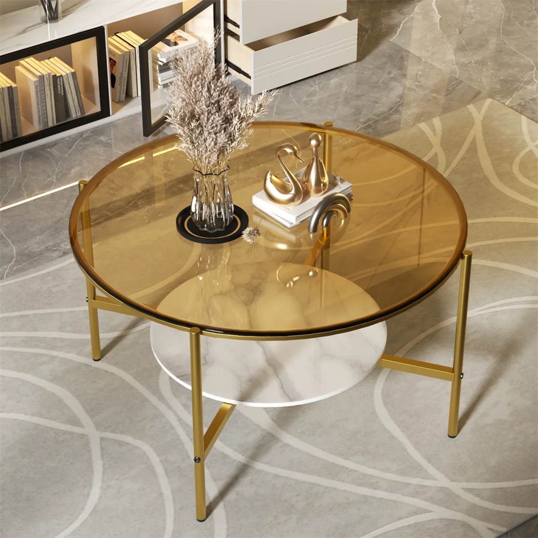 Couchtisch aus glänzendem Glas, Mitteltisch mit Schieferablage, minimalistische Möbel, Wohnzimmer-Teetisch, 2-stufig Image
