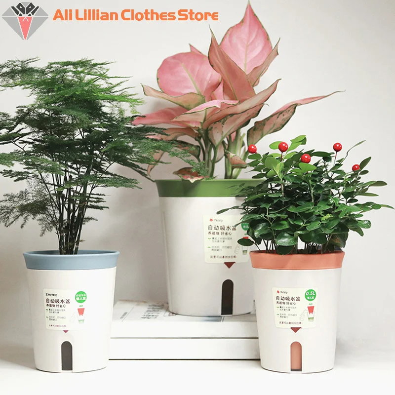 Doppelschichtiger, selbstbewässernder Hydrokultur-Blumentopf aus Kunststoff, faul, automatisch, wasserabsorbierend, Pflanzentopf, Topfpflanzgefäße, Büro und Zuhause Image