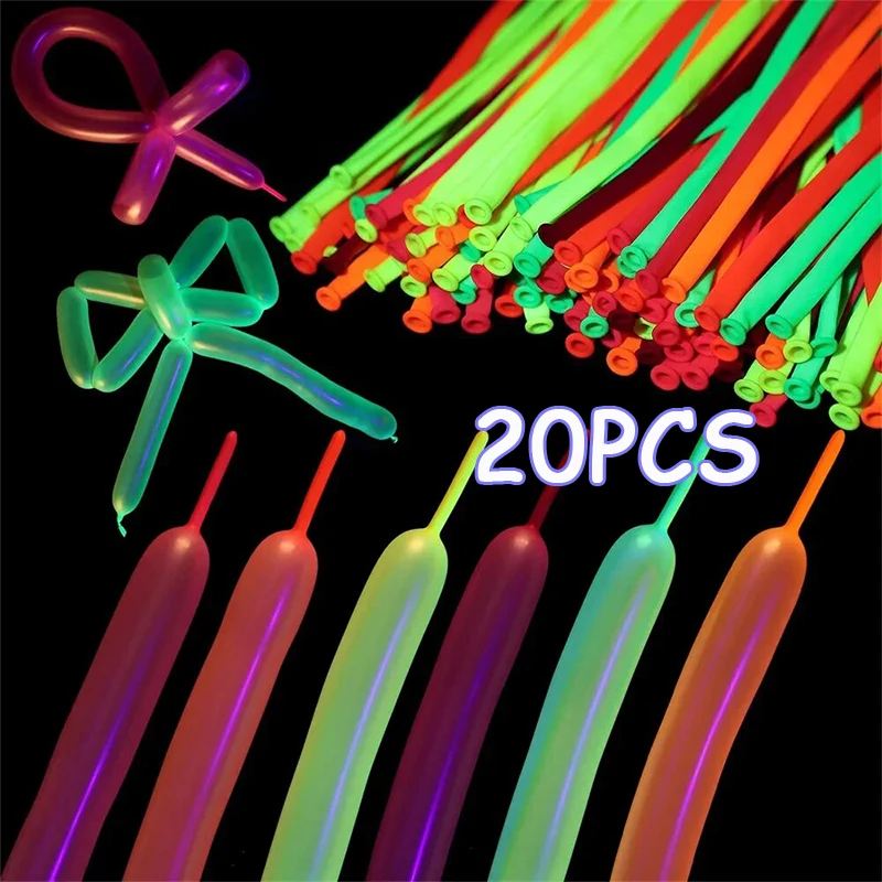 20 Stück fluoreszierende Luftballons, langer Latexballon, langes Drehen, DIY Neon-Geburtstagsparty-Dekorationen, leuchten im UV Image