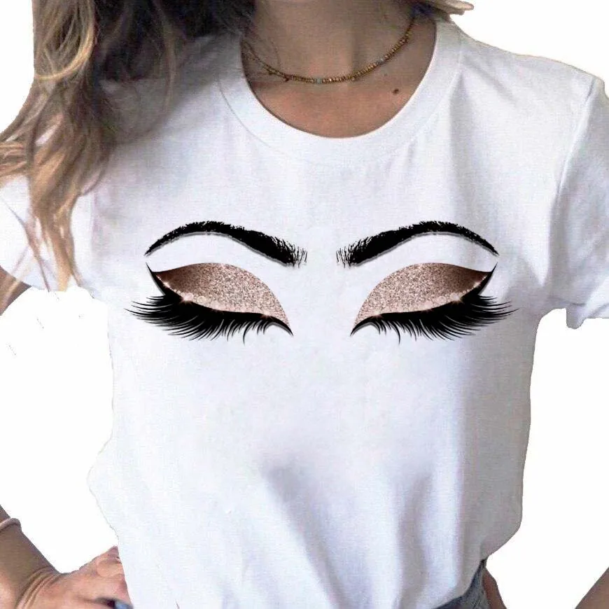Maycaur Frauen Augen Wimpern Druck T-Shirt niedlichen Modestil kurze Ärmel Kleidung Grafik T-Shirt Top Lady Print weibliche T-Shirt Image