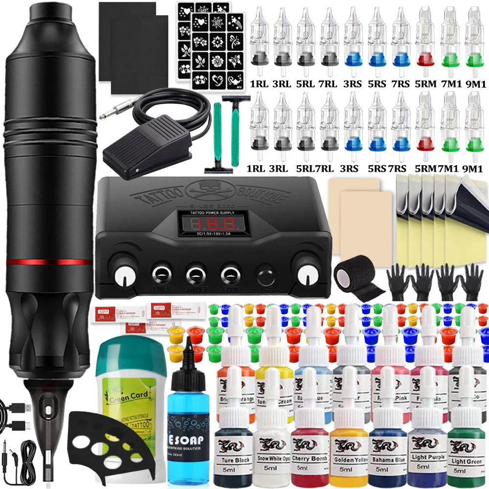 Komplettes Patronen-Tattoo-Stift-Maschinen-Set, DC-Rotations-Maschinenstift mit Patronennadeln, Netzteil-Tinten für Tattoo-Anfänger-Set Image