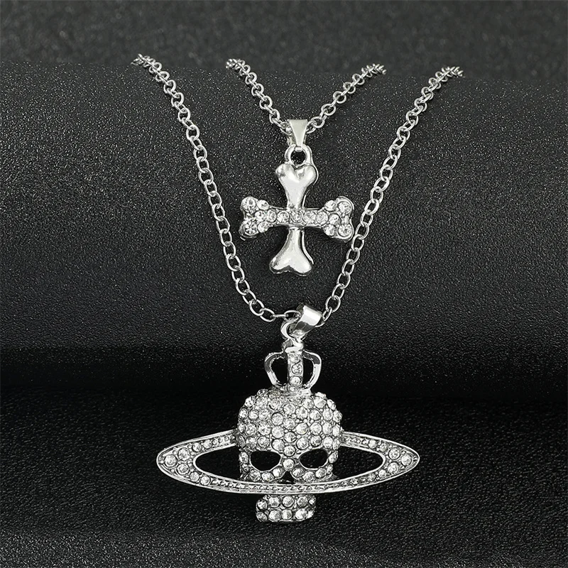 Collane con ciondolo teschio con strass per donna Uomo Collana a catena lunga con croce Commercio all'ingrosso di gioielli punk gotici vintage