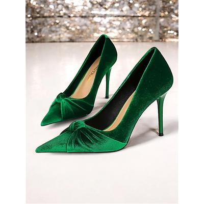 Women's Green Velvet Stiletto Heels - Elegant Pointed Toe Pumps with Knot Detail for Evening Parties and Special Occasions