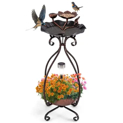 Solar outdoor bird bath feeder combination with flowerpot base and solar lamp selected materials for