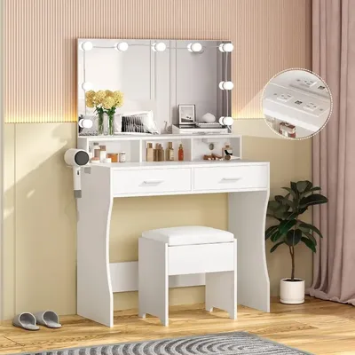 Makeup Table with Lighted Mirror & Power Outlet, White Vanity Set Vanity Desk, Clearance Makeup