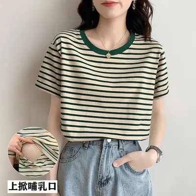 Maternity Clothes For Women Breastfeeding Tops Summer Short Sleeve Striped Splicing Pregnant