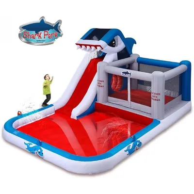 Shark Park 19x11 Inflatable Water Park Bouncer - Blower Climbing Wall - Slide - Splash Area Huge