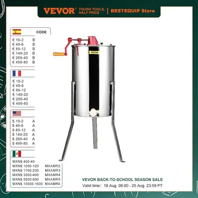 VEVOR Manual Honey Stainless Steel Beekeeping Extractor Honeycomb Drum Spinner with Lid Adjustable