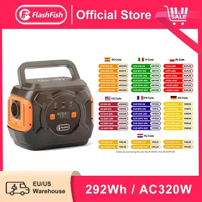 FF Flashfish Power Station 320W Portable Solar Generator 110V 230V Pure Sine Wave AC Output 292Wh