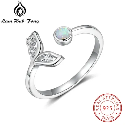 925 Sterling Silver Fish Tail Mermaid Open Finger Rings Cute Crystal Small Opal Stone Ring Women