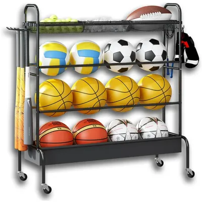 Basketball Rack, Rolling Basketball Shooting Training Stand, 4 Tier Ball Organizer Holder with 3