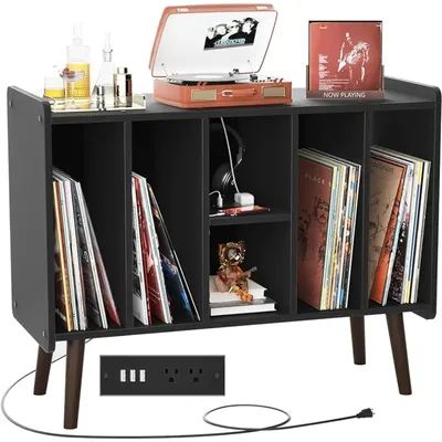 Unikito Record Player Stand with Storage, Vinyl Record Storage Table with Power Outlet Holds Up to