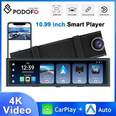 Podofo 10.99'' Car Mirror Monitor 4K Recording Car DVR Carplay Android Auto WIFI Night Vision FM BT