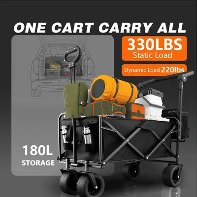 Large capacity folding wagon with accessories and rear-opening design for transporting groceries,