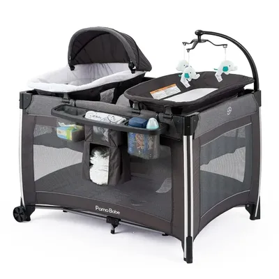 4 in 1 Portable Baby Crib Deluxe Nursery Center, Foldable Travel Playard with Bassinet, Mattress,