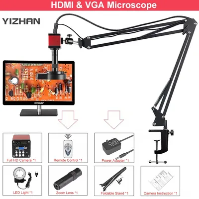 Zoom 150X Full HD Camera VGA/HDMI Port Industrial Microscope CCD Camera Adjustable Metal Stand For