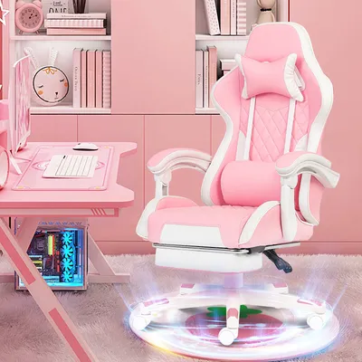 Pink Gaming Chair, Ergonomic Swivel Task Chair with Breathable Fabric, Pocket Spring Cushion, Lumbar