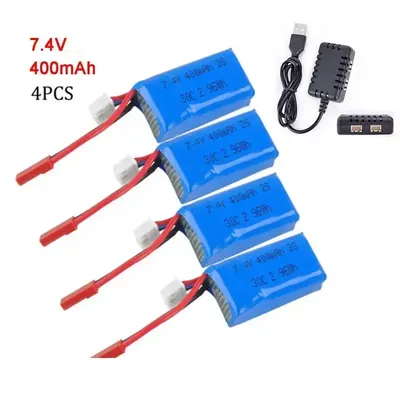 4Pcs 7.4V 400mAh 30C 2S Lipo Battery 752035 JST Plug w/ Charger for RC Airplane Quadcopter Micro FPV