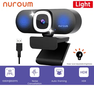 NUROUM V32AFL 4K Full HD Webcam with Microphone Auto-Focus Auto-Framing Ring Light Web Camera For