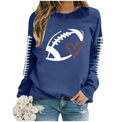 American Football Printed Sweatshirt For Women Super Bowl Graphic Hoodies Round Neck Long Sleeve