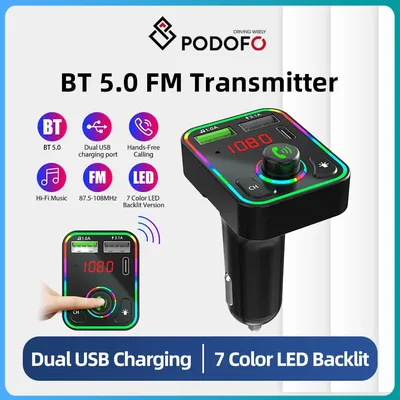 Podofo Fast Charging Bluetooth 5.0 FM Transmitter Dual USB PD Charger Music Player Colorful Ambient