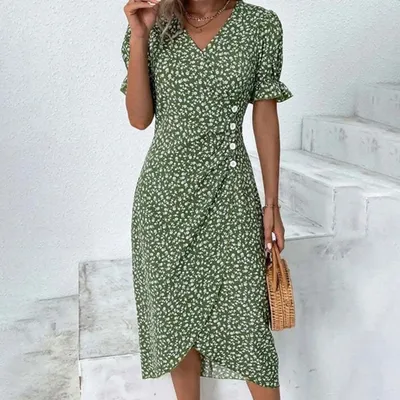 Women's Button V Neck Bubble Sleeve Irregular Hem Dresses Fashion Slim Fit Floral Printed Dress