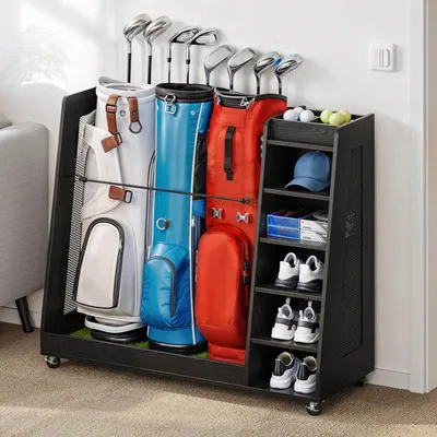 Wooden Large Golf Bag Storage Rack Holder for Garage Fit 3 Golf Bags Organizer