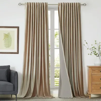 100% Full Blackout Champagne Beige Velvet Curtains 108 inch Long ,Set of 2 Liner Rod Darkening Heavy