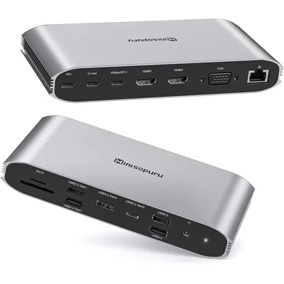 Minisopuru Docking Station 3 Monitors with USB C Video 2 HDMI VGA PD 100W 10Gbps USB Data Port 15 in