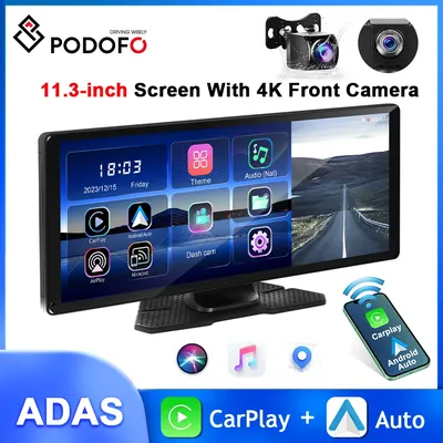 Podofo 11.3inch 2.5D DVR 4K Front Camera ADAS Car Monitor Carplay Android Auto IPS Monitor Airplay