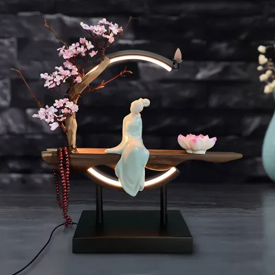 Ceramic Backflow Waterfall Incense Cone Sticks Burner Holder With Peach Blossom LED Light Ring Home