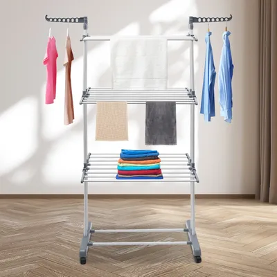 Modern 4 Tiers Metal Clothes Drying Rack Rectangular Folding Rolling Dryer Hanger Free Stand Laundry