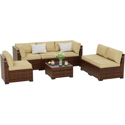 7 Pieces Patio Furniture Set, Outdoor Furniture Sectional Rattan Sofa with Slanted Back, Patio Couch