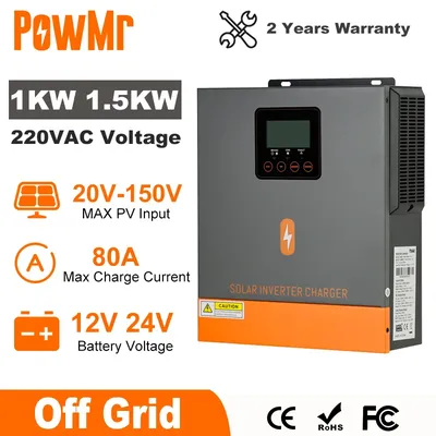 PowMr 1000W 1500W Hybrid Solar Inverter 12V 24V 220V Off Grid Pure Sine Wave Inverter Dual Output