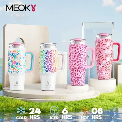 Meoky 32oz/946ml Cup Two-port Water Bottle Insulated Tumbler with Handle Stainless Steel Vacuum