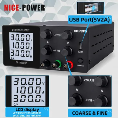 30V 10A Lab Adjustable DC Power Supply with 4-Digit LCD Display USB Fast Charge Switch Voltage