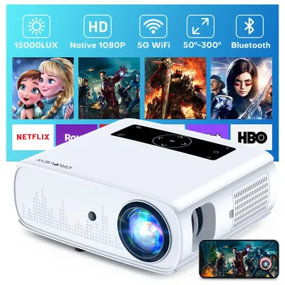 GROVIEW 1080P Projector, 15000 Lux, 490 ANSI, WiFi/Bluetooth, 300'' Screen, 4K Support, Zoom, 5G