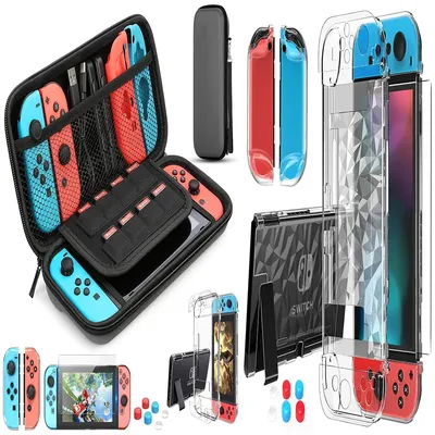 Switch Case Compatible with Nintendo Switch, 9 in 1 Switch Accessories with 8 Pouch Carrying Case