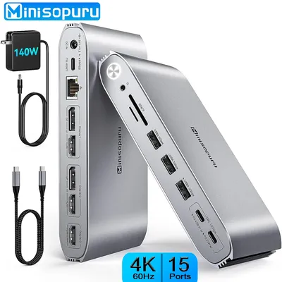 Minisopuru DisplayLink Docking Station Triple Monitor with 140W Power Adapter for MacBook Windows