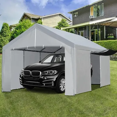 13x20 Ft Carport Garage with Removable Sidewalls, Metal Frame for Automobiles Truck Boat, Heavy Duty