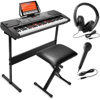 61-Key Electronic Keyboard Portable Digital Music Piano with Lighted Keys, H-Stand, Stool,