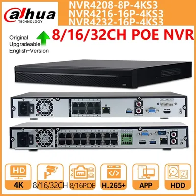 Dahua NVR 8CH NVR4208-8P-4KS3 16CH NVR4216-16P-4KS3 32CH NVR4232-16P-4KS3 8PoE 16PoE 1U 2HDDs
