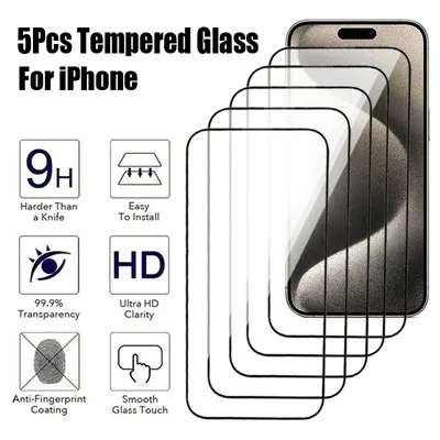 5Pcs Anti-Burst Tempered Glass For Apple iPhone 15 14 Plus 13 12 Mini 11 Pro Screen Protector iPhone