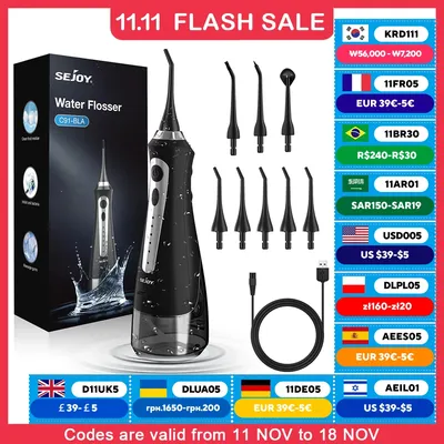 SEJOY Water Flosser Irrigator Dental Teeth Whitening strips Portable 230ML Tank 5 Modes 5 Jet Tips