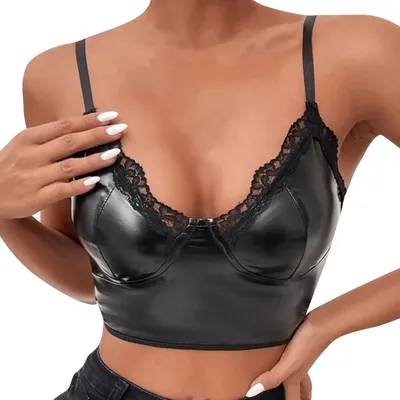 Womens Vest Bra Lace PU Leather Sexy Patent Leather Lace Strap Chest Bullet Cup Bra Brooch Lace Line