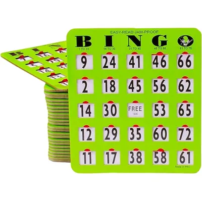 Jam-Proof Easy-Read Large Print Fingertip Bingo Cards with Sliding Windows - 50 Pack in Green Style