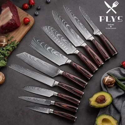 PLYS 10PCS Kitchen Knife Set Laser Engraved Stainless Steel Sharp Japanese Chef's Knife Fruit Knife