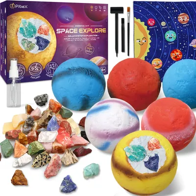 Gemstone Dig Kit, 6-IN-1 Planets Excavating Set, Dig up 30 Real Rocks, Minerals & Crystals, Solar