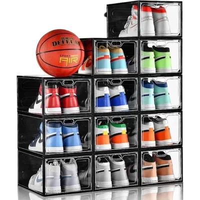 12 Pack Shoe Storage Boxes, Stackable Clear Boxes With Doors, Organizer Containers For Sneakers -